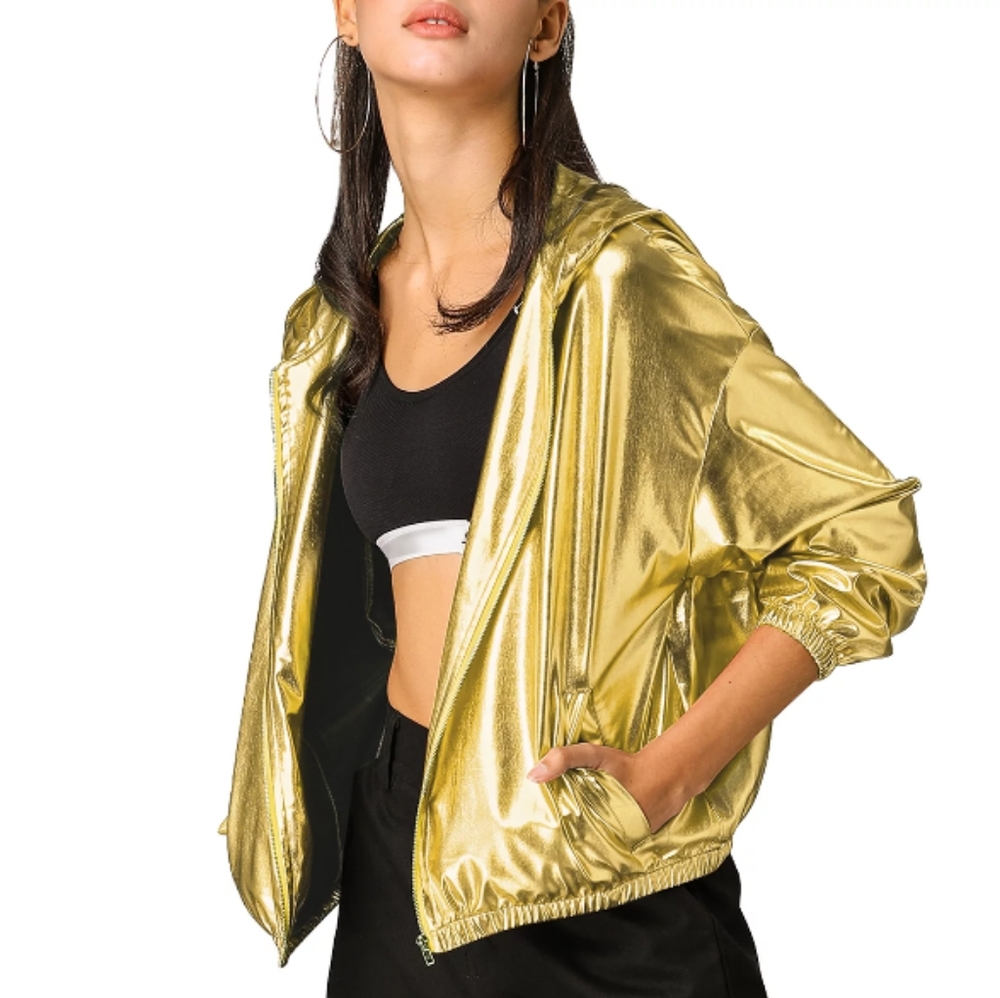 Holographic Party Shiny Lightweight Zipper Hooded Metallic Jacket - Picture 4 of 10